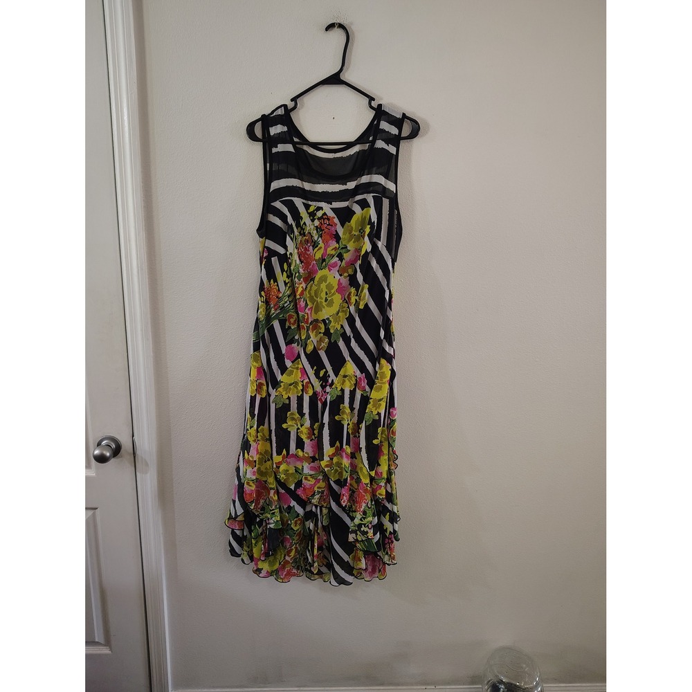 Signature by Robbie Bee Floral Stripe Sleeveless Ruffle Hem Midi Dress Womens